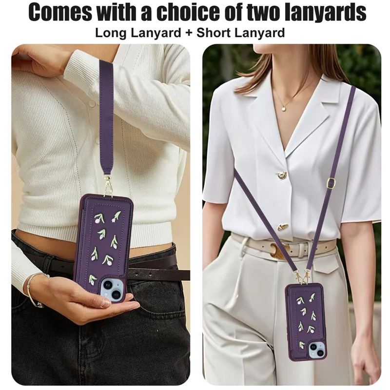 For iPhone 15 Case Embroidered Tulips PU Leather Card Holder Back Cover with Shoulder Strap / Wrist Strap - Purple
