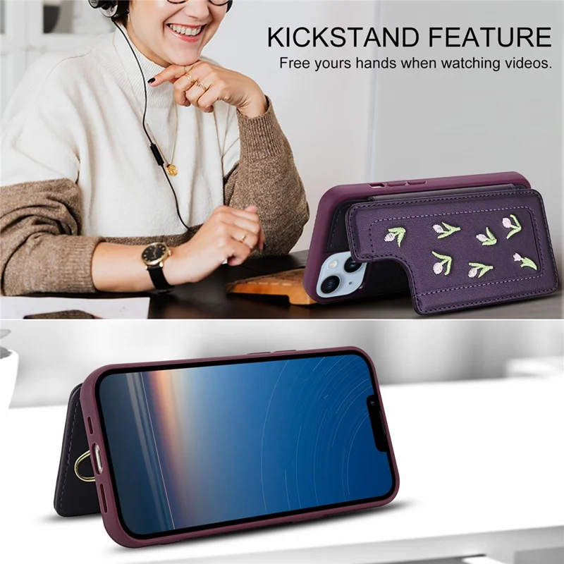 For iPhone 15 Case Embroidered Tulips PU Leather Card Holder Back Cover with Shoulder Strap / Wrist Strap - Purple