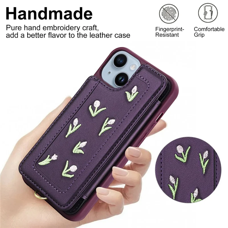 For iPhone 15 Case Embroidered Tulips PU Leather Card Holder Back Cover with Shoulder Strap / Wrist Strap - Purple