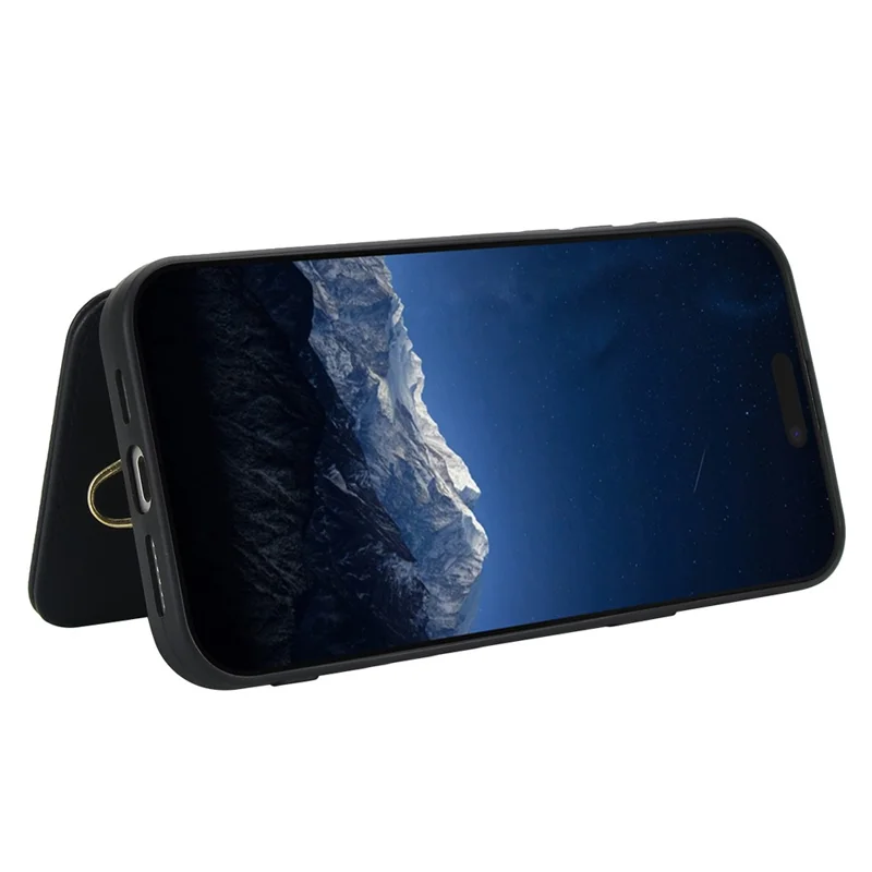 Capa para iPhone 15 Pro com Tulipas Bordadas em Couro PU com Porta-cartões, Alça de Ombro / Pulso - Preto