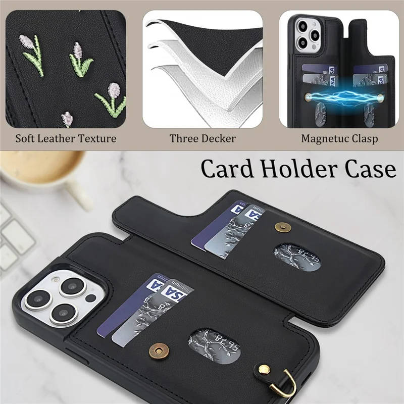 For iPhone 15 Pro Max Case Embroidered Tulips PU Leather Card Holder Back Cover with Shoulder Strap / Wrist Strap - Black