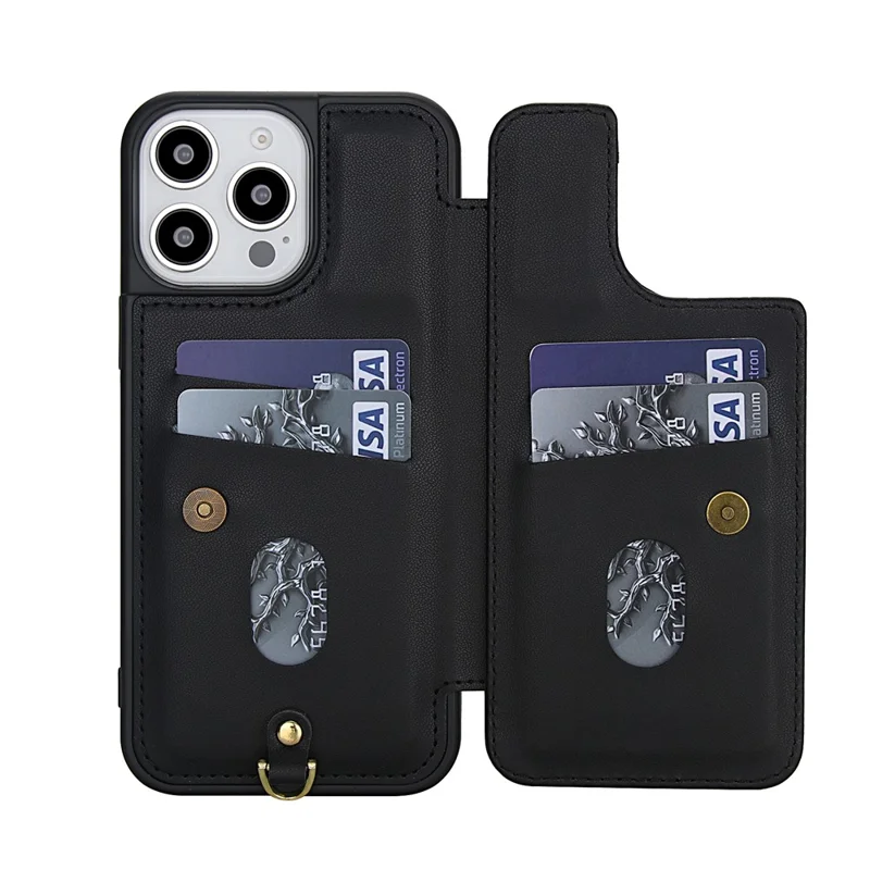 For iPhone 15 Pro Max Case Embroidered Tulips PU Leather Card Holder Back Cover with Shoulder Strap / Wrist Strap - Black