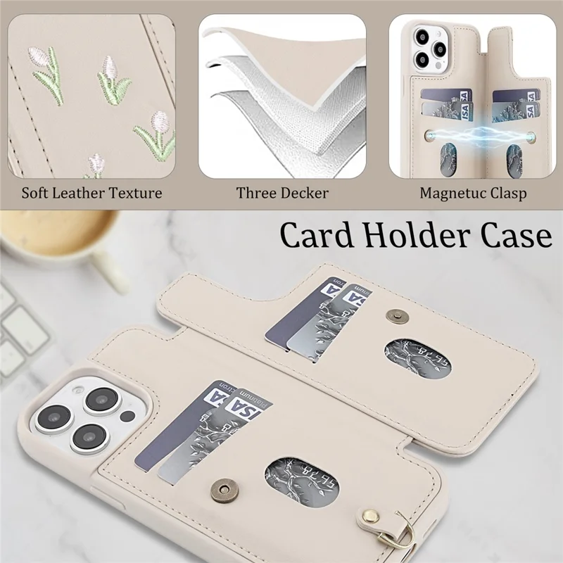 For iPhone 15 Pro Max Case Embroidered Tulips PU Leather Card Holder Back Cover with Shoulder Strap / Wrist Strap - Beige