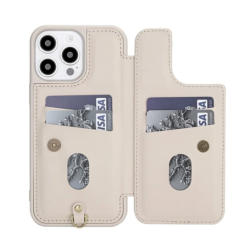 For iPhone 15 Pro Max Case Embroidered Tulips PU Leather Card Holder Back Cover with Shoulder Strap / Wrist Strap - Beige