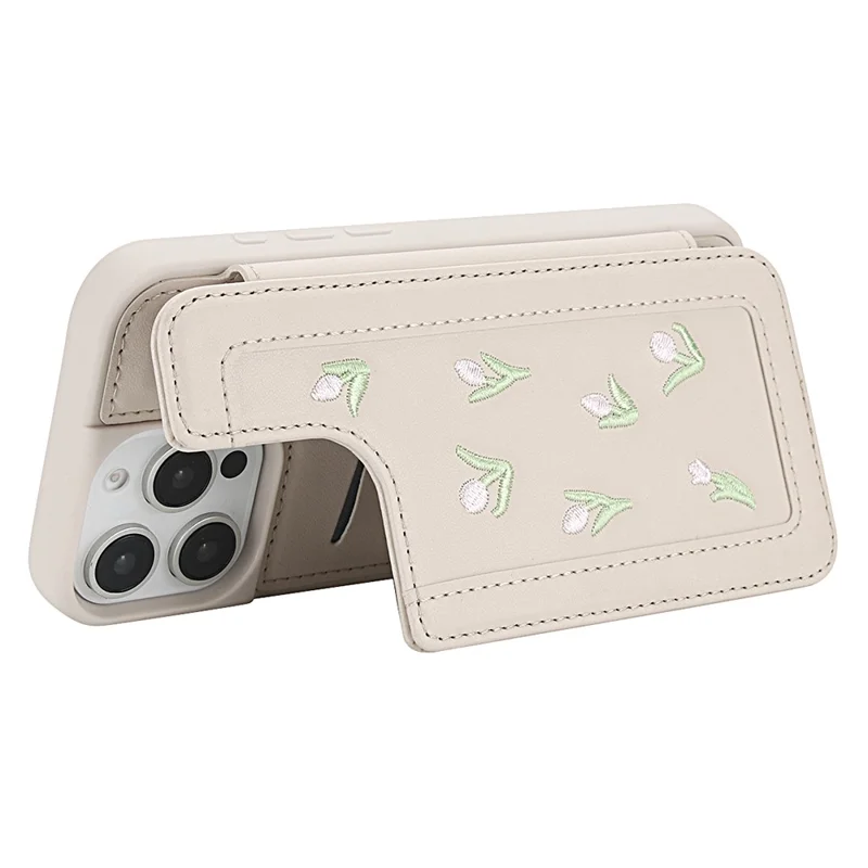 For iPhone 15 Pro Max Case Embroidered Tulips PU Leather Card Holder Back Cover with Shoulder Strap / Wrist Strap - Beige