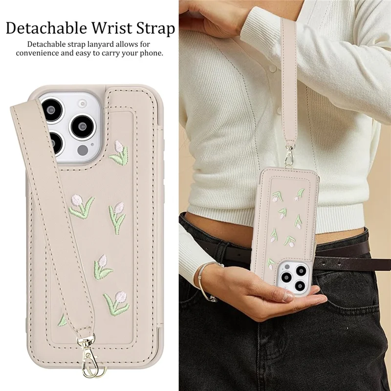 For iPhone 15 Pro Max Case Embroidered Tulips PU Leather Card Holder Back Cover with Shoulder Strap / Wrist Strap - Beige