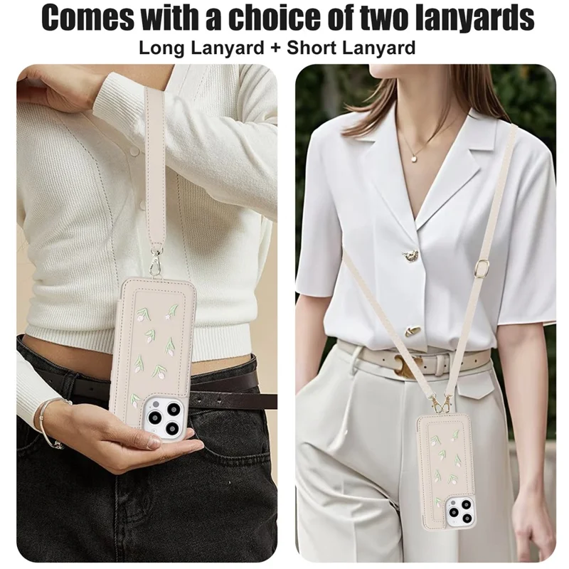 For iPhone 15 Pro Max Case Embroidered Tulips PU Leather Card Holder Back Cover with Shoulder Strap / Wrist Strap - Beige