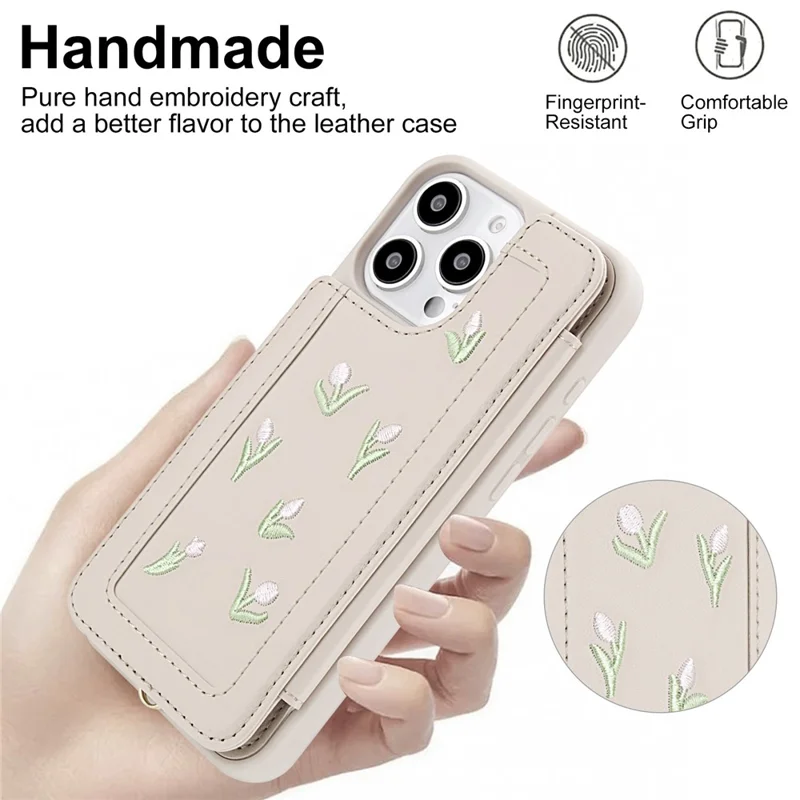 For iPhone 15 Pro Max Case Embroidered Tulips PU Leather Card Holder Back Cover with Shoulder Strap / Wrist Strap - Beige
