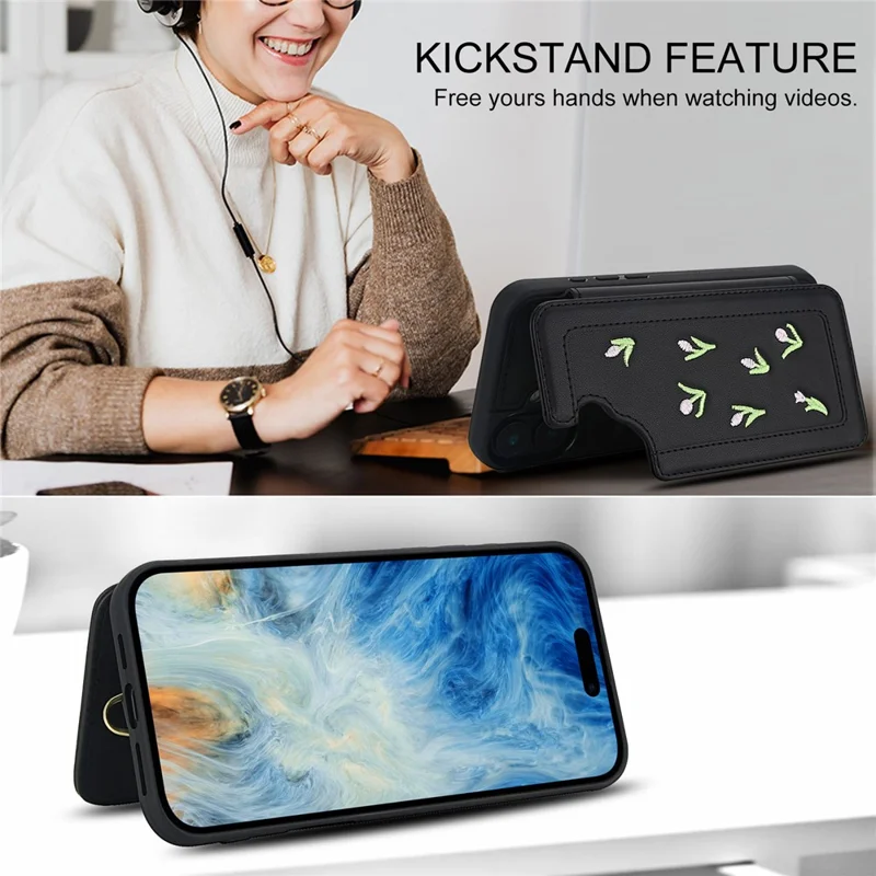 Funda para iPhone 16 Bordada de Tulipanes Cubierta Trasera de Cuero PU con Tarjetero y Correa para el Hombro / Muñeca - Negro