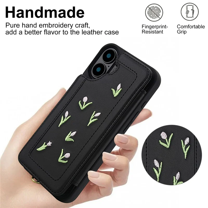 Für iPhone 16 Plus Hülle Bestickte Tulpen PU-Leder Kartenetui Rückseite mit Schulterriemen / Handgelenkband - Schwarz