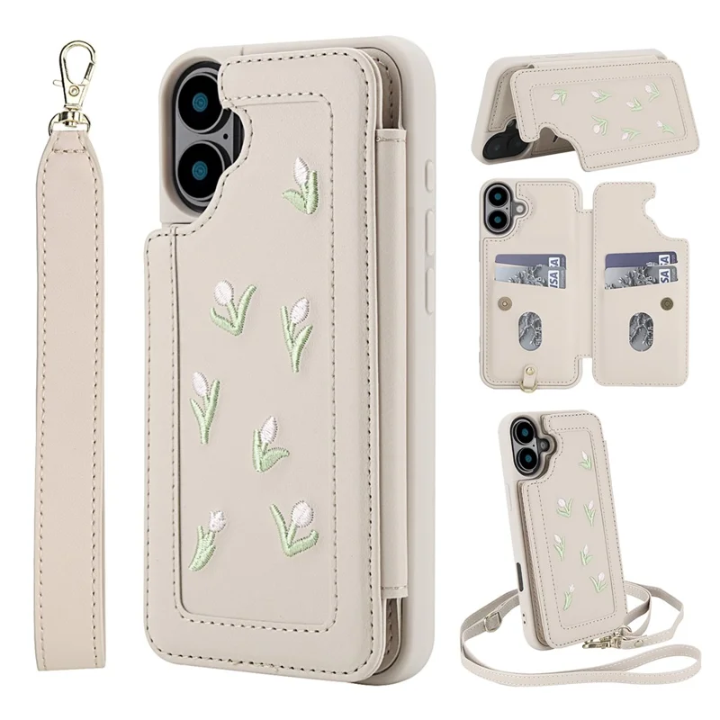 For iPhone 16 Plus Case Embroidered Tulips PU Leather Card Holder Back Cover with Shoulder Strap / Wrist Strap - Beige