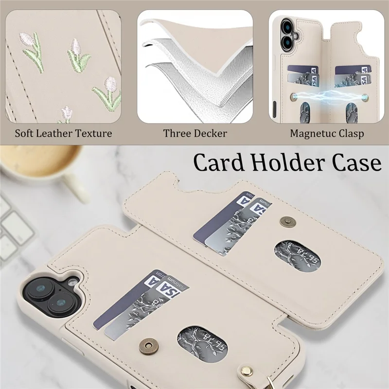 For iPhone 16 Plus Case Embroidered Tulips PU Leather Card Holder Back Cover with Shoulder Strap / Wrist Strap - Beige