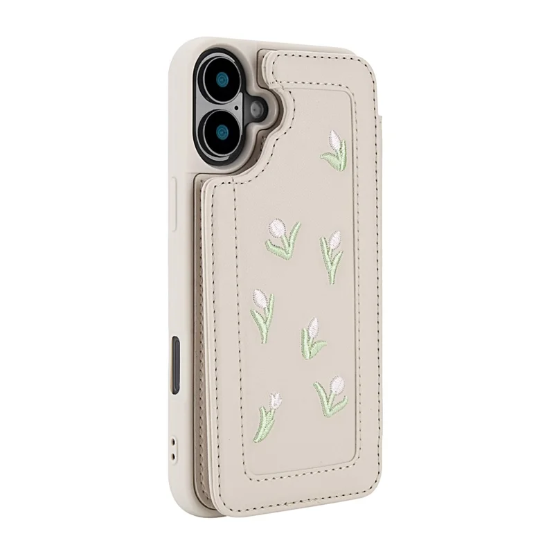 For iPhone 16 Plus Case Embroidered Tulips PU Leather Card Holder Back Cover with Shoulder Strap / Wrist Strap - Beige
