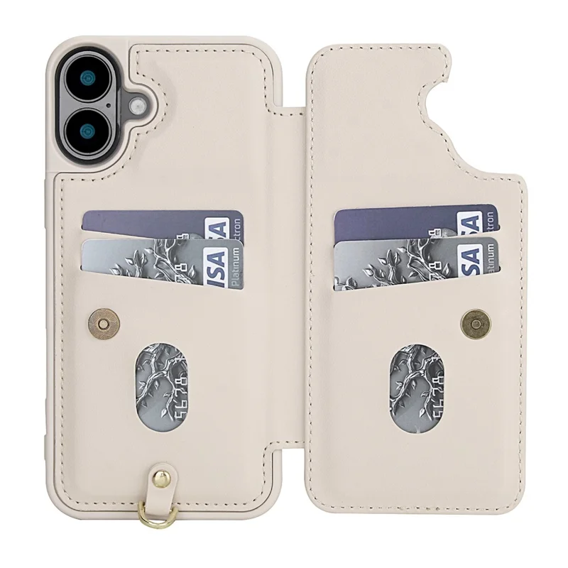For iPhone 16 Plus Case Embroidered Tulips PU Leather Card Holder Back Cover with Shoulder Strap / Wrist Strap - Beige