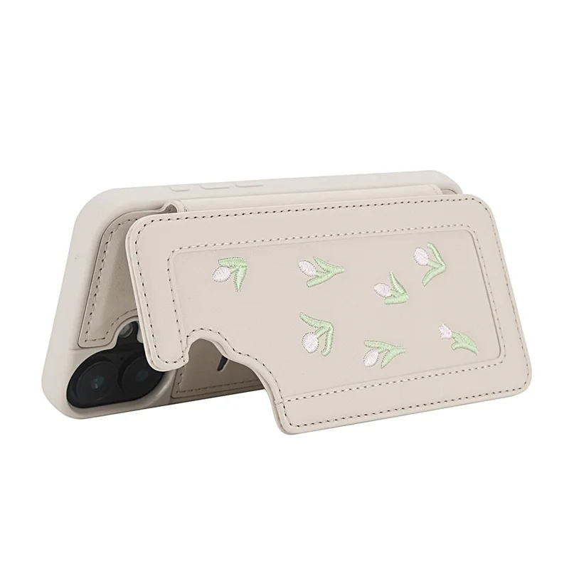 For iPhone 16 Plus Case Embroidered Tulips PU Leather Card Holder Back Cover with Shoulder Strap / Wrist Strap - Beige
