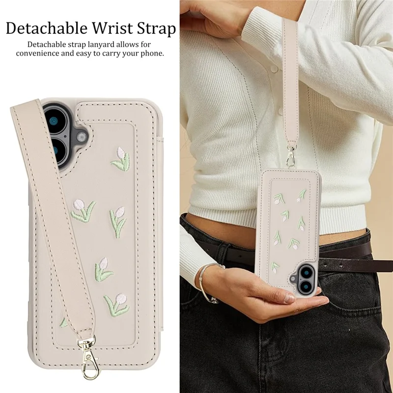 For iPhone 16 Plus Case Embroidered Tulips PU Leather Card Holder Back Cover with Shoulder Strap / Wrist Strap - Beige