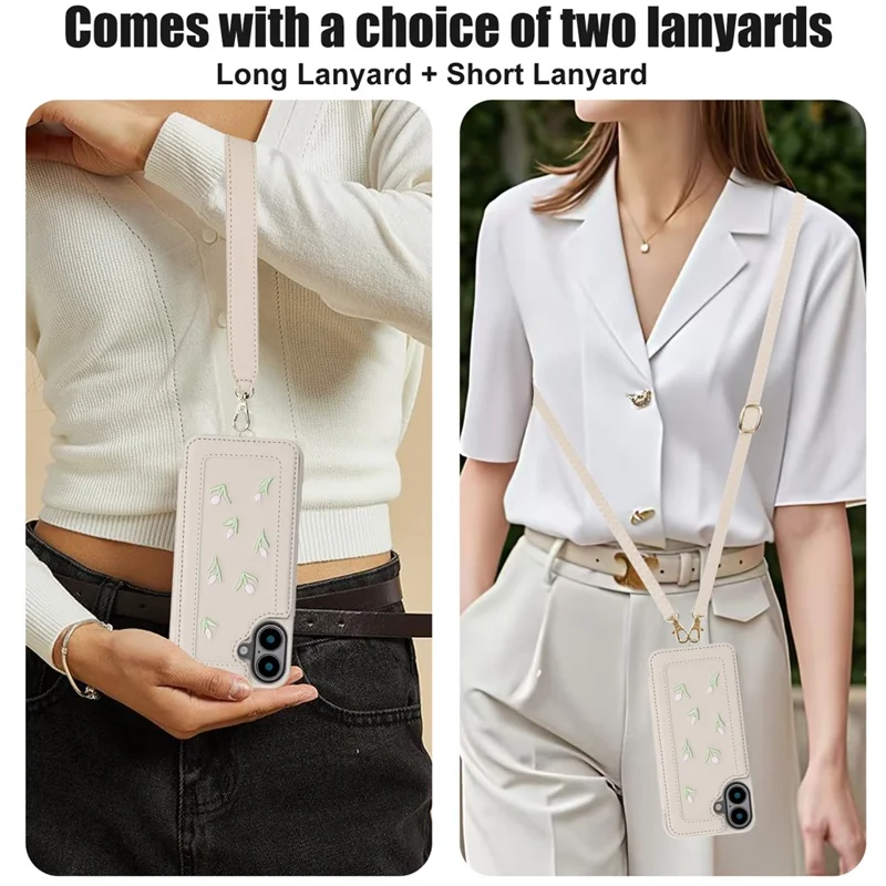 For iPhone 16 Plus Case Embroidered Tulips PU Leather Card Holder Back Cover with Shoulder Strap / Wrist Strap - Beige
