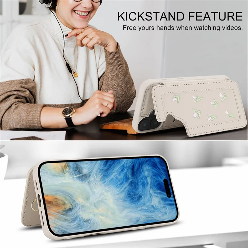 For iPhone 16 Plus Case Embroidered Tulips PU Leather Card Holder Back Cover with Shoulder Strap / Wrist Strap - Beige