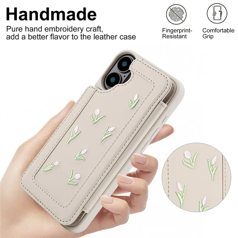 For iPhone 16 Plus Case Embroidered Tulips PU Leather Card Holder Back Cover with Shoulder Strap / Wrist Strap - Beige