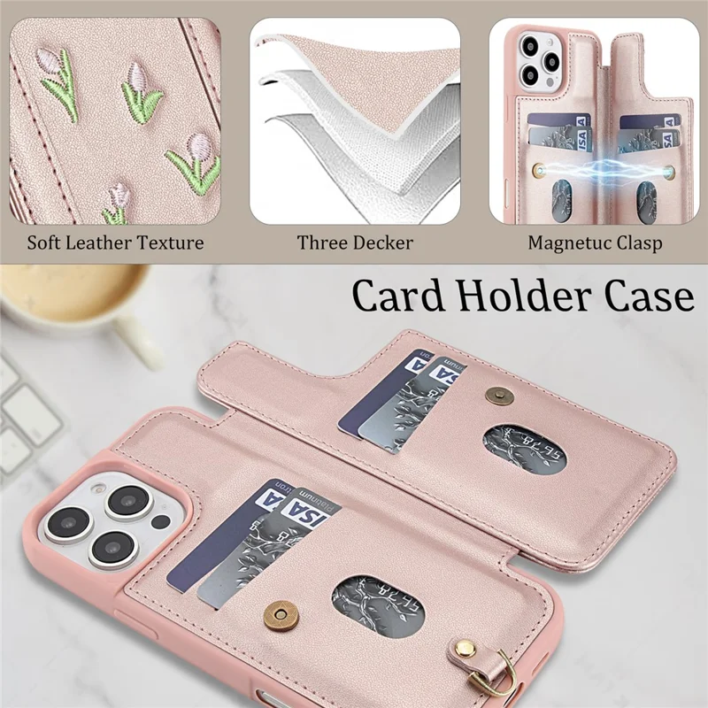 For iPhone 16 Pro Case Embroidered Tulips PU Leather Card Holder Back Cover with Shoulder Strap / Wrist Strap - Pink