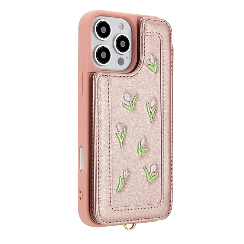 For iPhone 16 Pro Case Embroidered Tulips PU Leather Card Holder Back Cover with Shoulder Strap / Wrist Strap - Pink