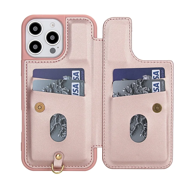 For iPhone 16 Pro Case Embroidered Tulips PU Leather Card Holder Back Cover with Shoulder Strap / Wrist Strap - Pink