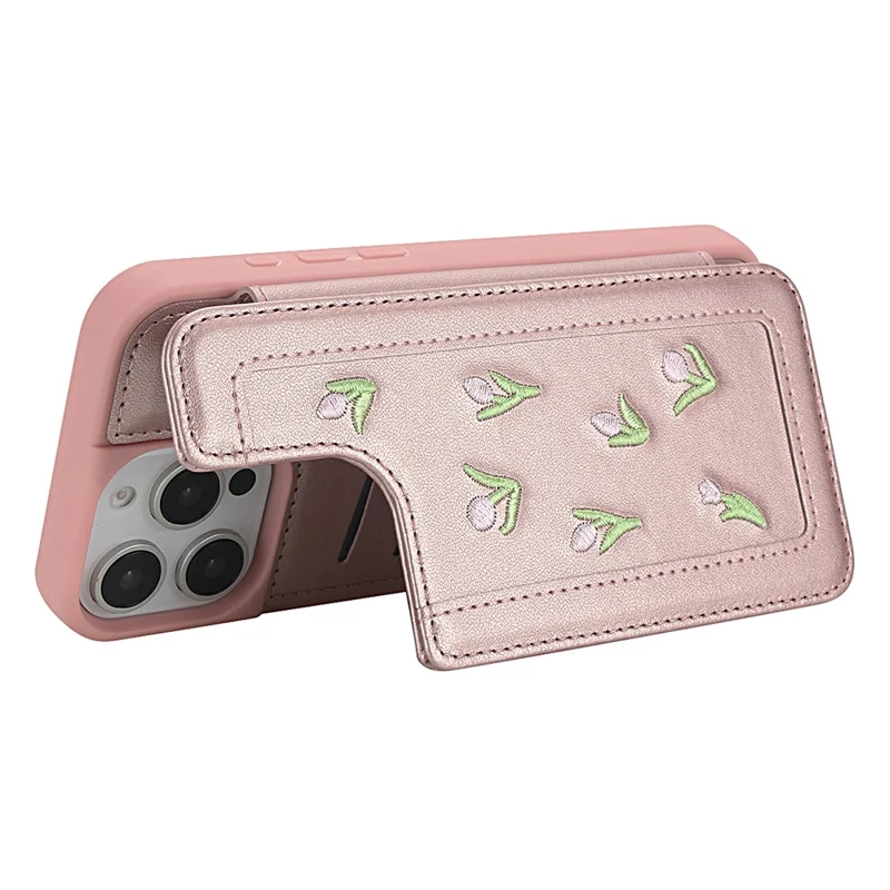 For iPhone 16 Pro Case Embroidered Tulips PU Leather Card Holder Back Cover with Shoulder Strap / Wrist Strap - Pink