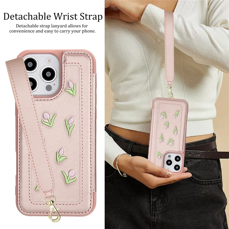 For iPhone 16 Pro Case Embroidered Tulips PU Leather Card Holder Back Cover with Shoulder Strap / Wrist Strap - Pink