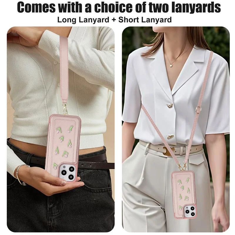 For iPhone 16 Pro Case Embroidered Tulips PU Leather Card Holder Back Cover with Shoulder Strap / Wrist Strap - Pink
