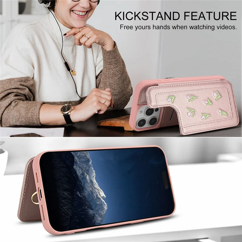 For iPhone 16 Pro Case Embroidered Tulips PU Leather Card Holder Back Cover with Shoulder Strap / Wrist Strap - Pink