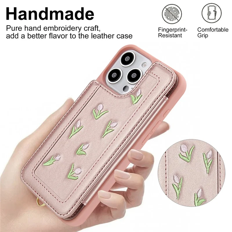 For iPhone 16 Pro Case Embroidered Tulips PU Leather Card Holder Back Cover with Shoulder Strap / Wrist Strap - Pink