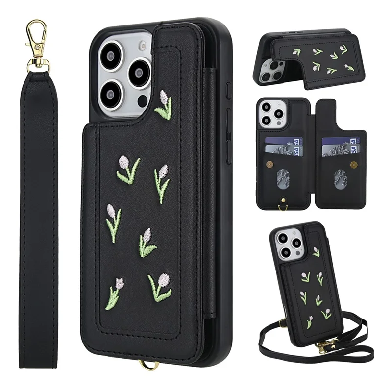 For iPhone 16 Pro Max Case Embroidered Tulips PU Leather Card Holder Back Cover with Shoulder Strap / Wrist Strap - Black