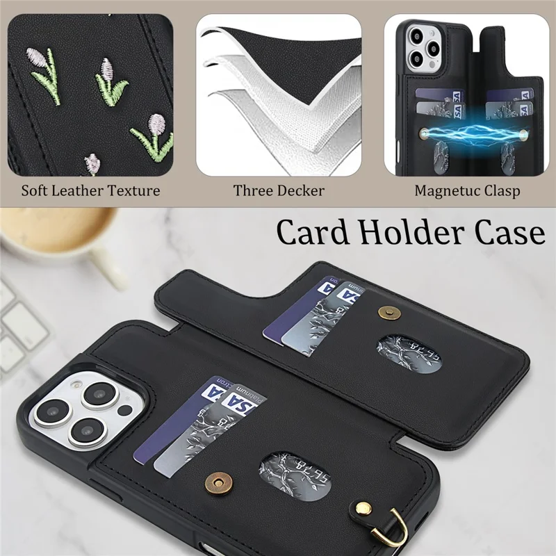 For iPhone 16 Pro Max Case Embroidered Tulips PU Leather Card Holder Back Cover with Shoulder Strap / Wrist Strap - Black