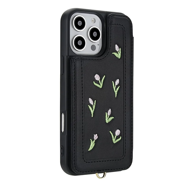 For iPhone 16 Pro Max Case Embroidered Tulips PU Leather Card Holder Back Cover with Shoulder Strap / Wrist Strap - Black