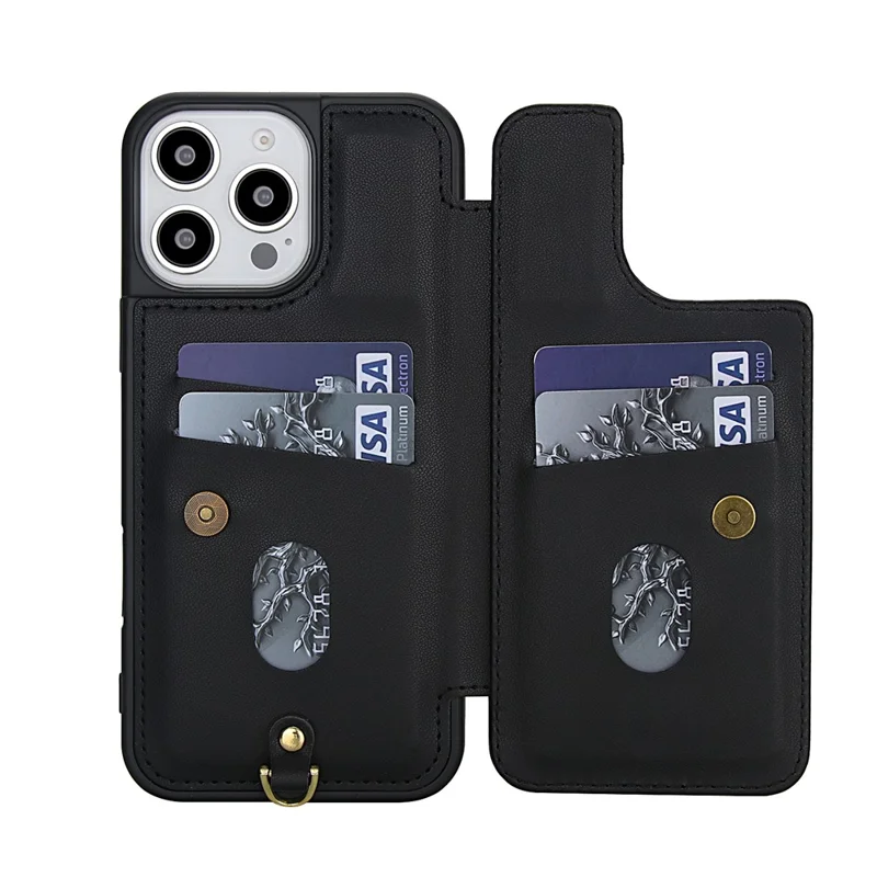 For iPhone 16 Pro Max Case Embroidered Tulips PU Leather Card Holder Back Cover with Shoulder Strap / Wrist Strap - Black