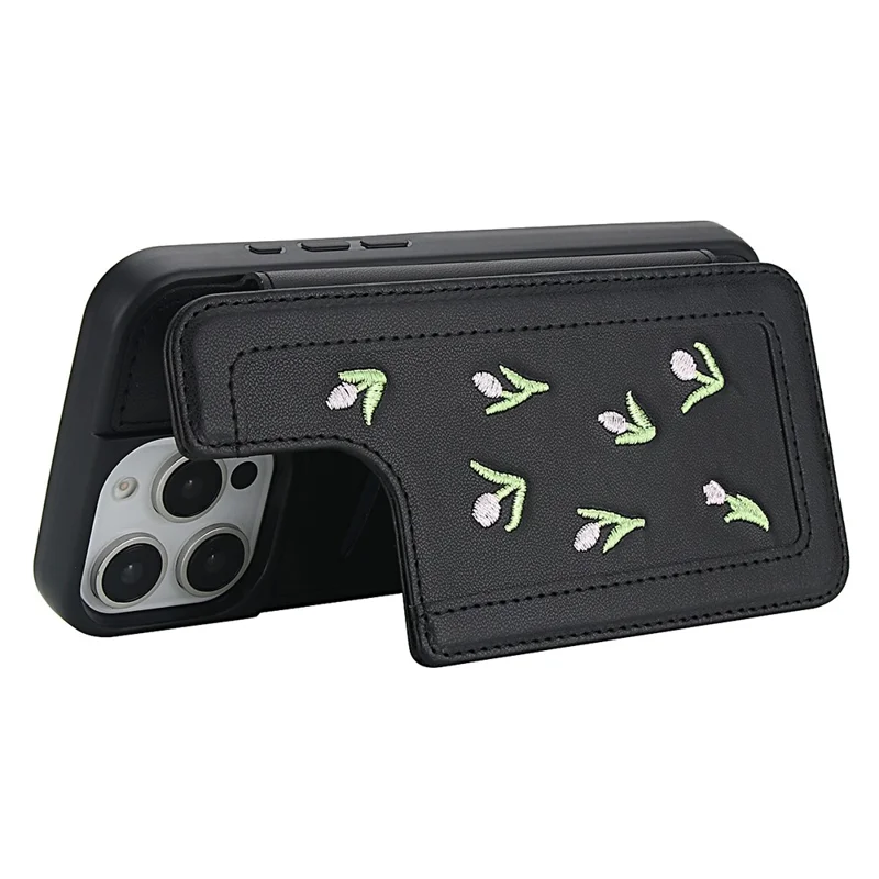 For iPhone 16 Pro Max Case Embroidered Tulips PU Leather Card Holder Back Cover with Shoulder Strap / Wrist Strap - Black