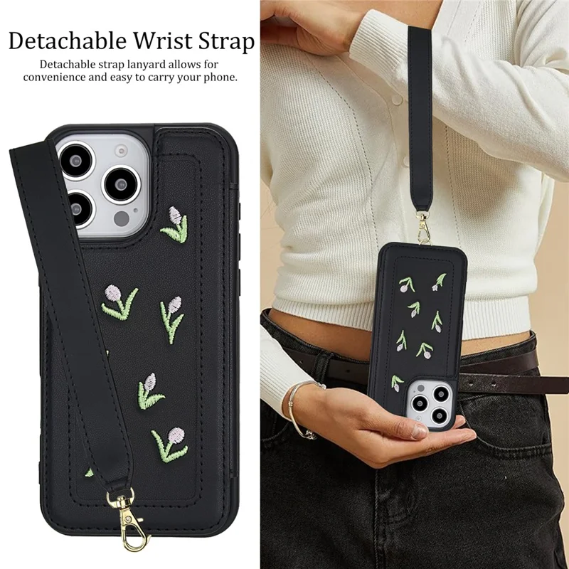 For iPhone 16 Pro Max Case Embroidered Tulips PU Leather Card Holder Back Cover with Shoulder Strap / Wrist Strap - Black