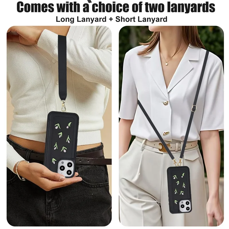 For iPhone 16 Pro Max Case Embroidered Tulips PU Leather Card Holder Back Cover with Shoulder Strap / Wrist Strap - Black
