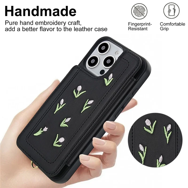 For iPhone 16 Pro Max Case Embroidered Tulips PU Leather Card Holder Back Cover with Shoulder Strap / Wrist Strap - Black