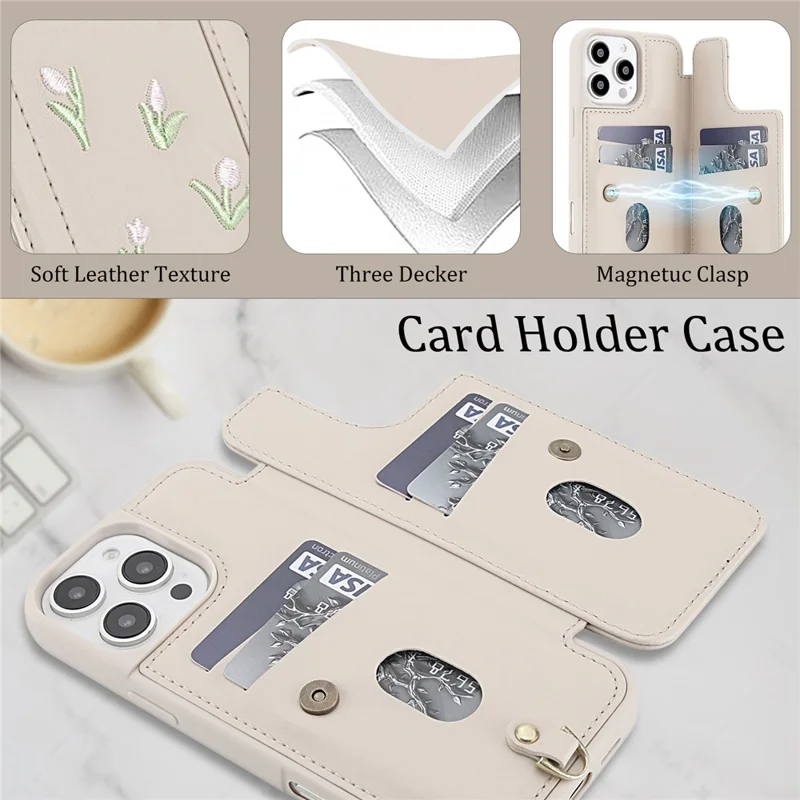 For iPhone 16 Pro Max Case Embroidered Tulips PU Leather Card Holder Back Cover with Shoulder Strap / Wrist Strap - Beige