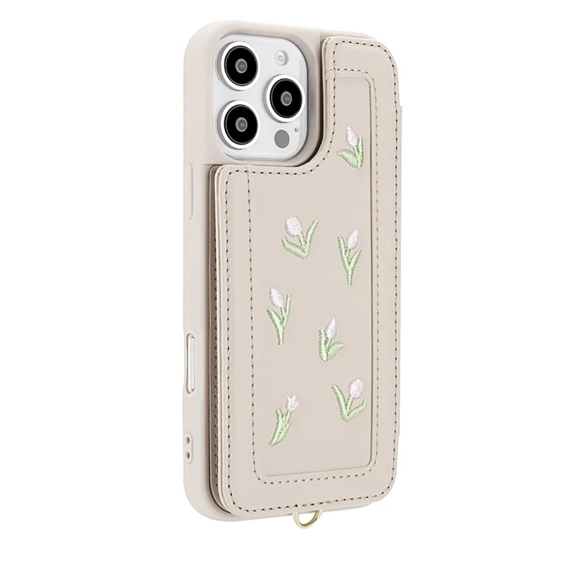 For iPhone 16 Pro Max Case Embroidered Tulips PU Leather Card Holder Back Cover with Shoulder Strap / Wrist Strap - Beige