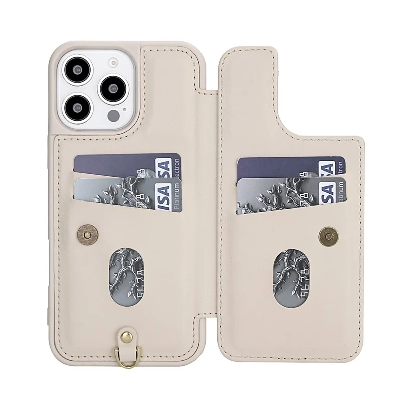 For iPhone 16 Pro Max Case Embroidered Tulips PU Leather Card Holder Back Cover with Shoulder Strap / Wrist Strap - Beige