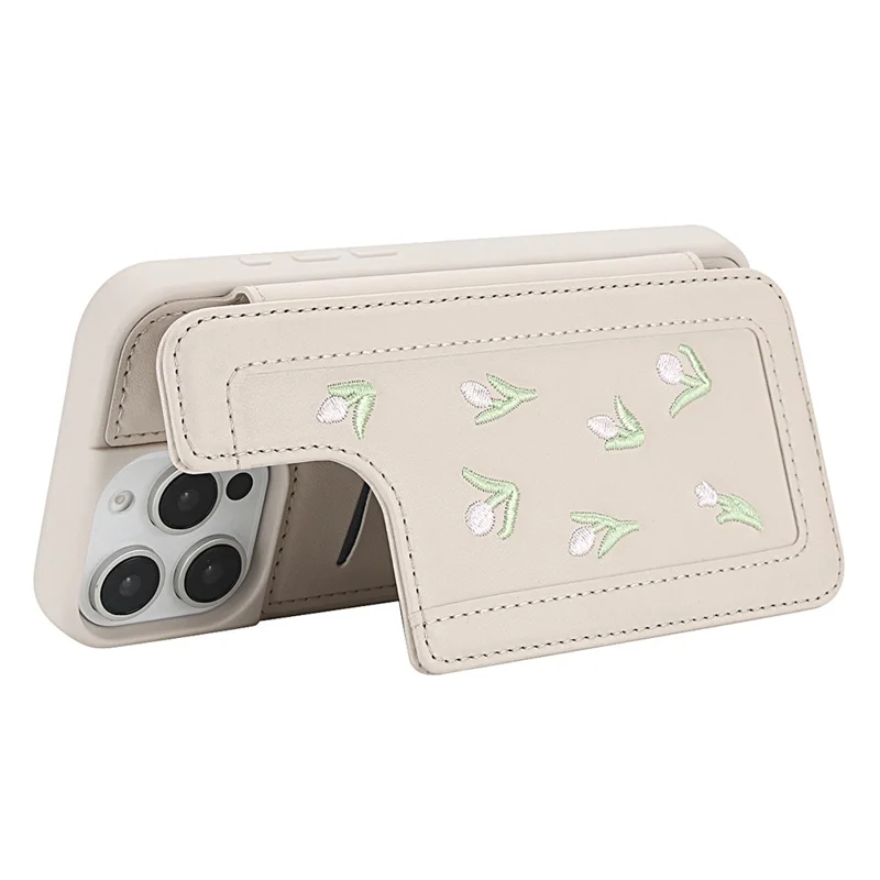 For iPhone 16 Pro Max Case Embroidered Tulips PU Leather Card Holder Back Cover with Shoulder Strap / Wrist Strap - Beige