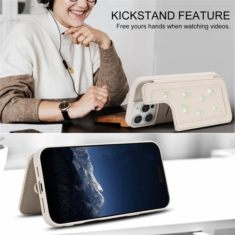 For iPhone 16 Pro Max Case Embroidered Tulips PU Leather Card Holder Back Cover with Shoulder Strap / Wrist Strap - Beige