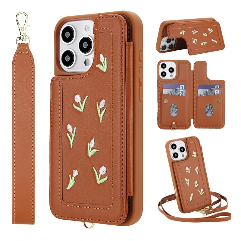 For iPhone 16 Pro Max Case Embroidered Tulips PU Leather Card Holder Back Cover with Shoulder Strap / Wrist Strap - Brown