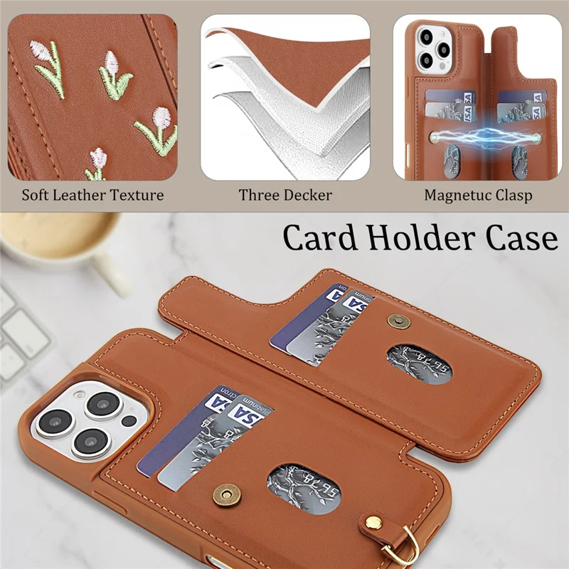 For iPhone 16 Pro Max Case Embroidered Tulips PU Leather Card Holder Back Cover with Shoulder Strap / Wrist Strap - Brown