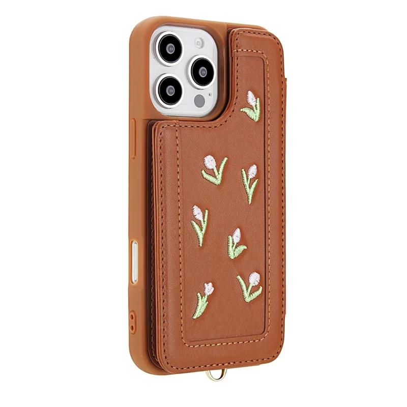 For iPhone 16 Pro Max Case Embroidered Tulips PU Leather Card Holder Back Cover with Shoulder Strap / Wrist Strap - Brown