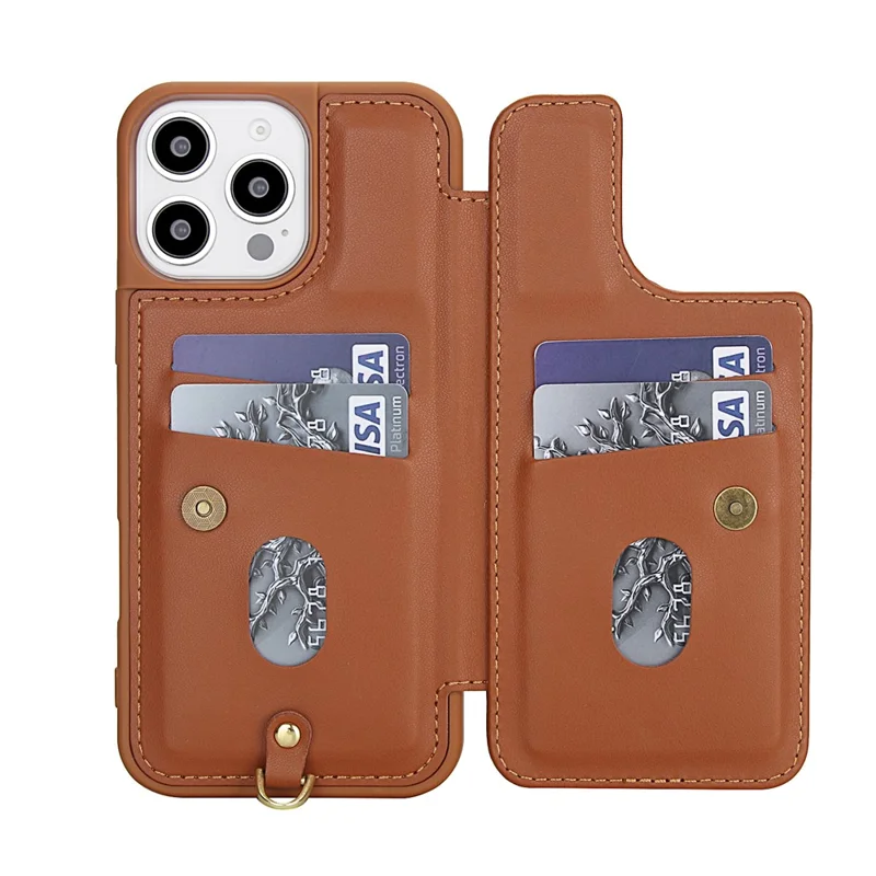 For iPhone 16 Pro Max Case Embroidered Tulips PU Leather Card Holder Back Cover with Shoulder Strap / Wrist Strap - Brown