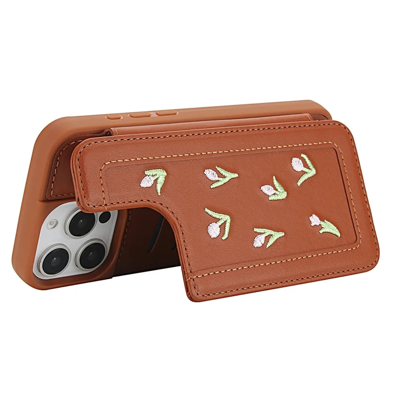 For iPhone 16 Pro Max Case Embroidered Tulips PU Leather Card Holder Back Cover with Shoulder Strap / Wrist Strap - Brown