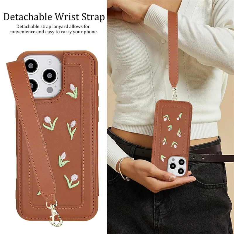 For iPhone 16 Pro Max Case Embroidered Tulips PU Leather Card Holder Back Cover with Shoulder Strap / Wrist Strap - Brown